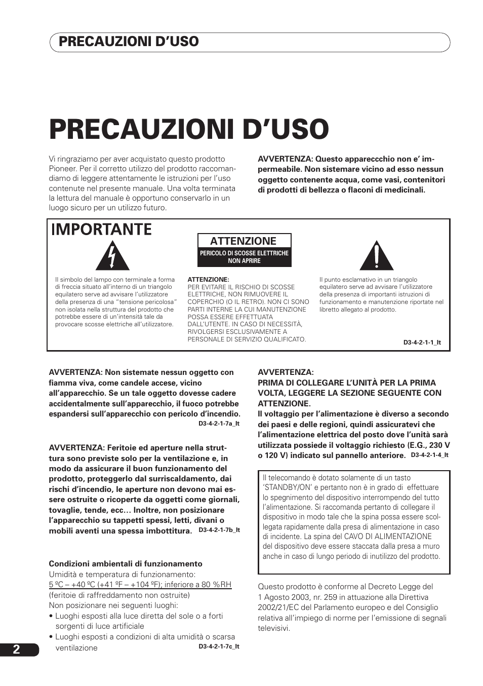 Precauzioni d’uso | Pioneer DBR-TF100 User Manual | Page 90 / 136