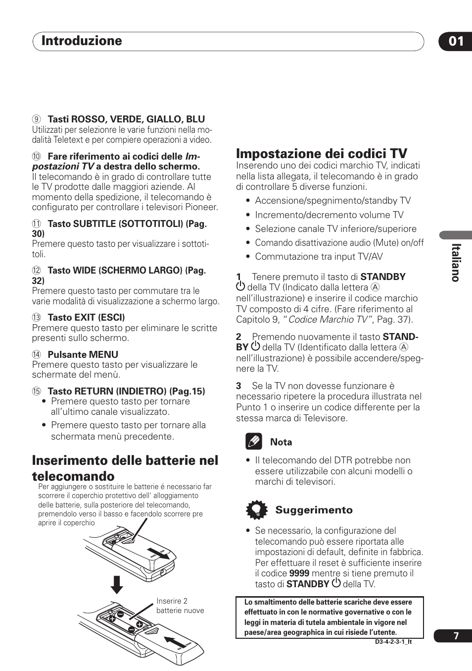 Introduzione 01, Inserimento delle batterie nel telecomando, Impostazione dei codici tv | Ita lia no | Pioneer DBR-TF100 User Manual | Page 95 / 136