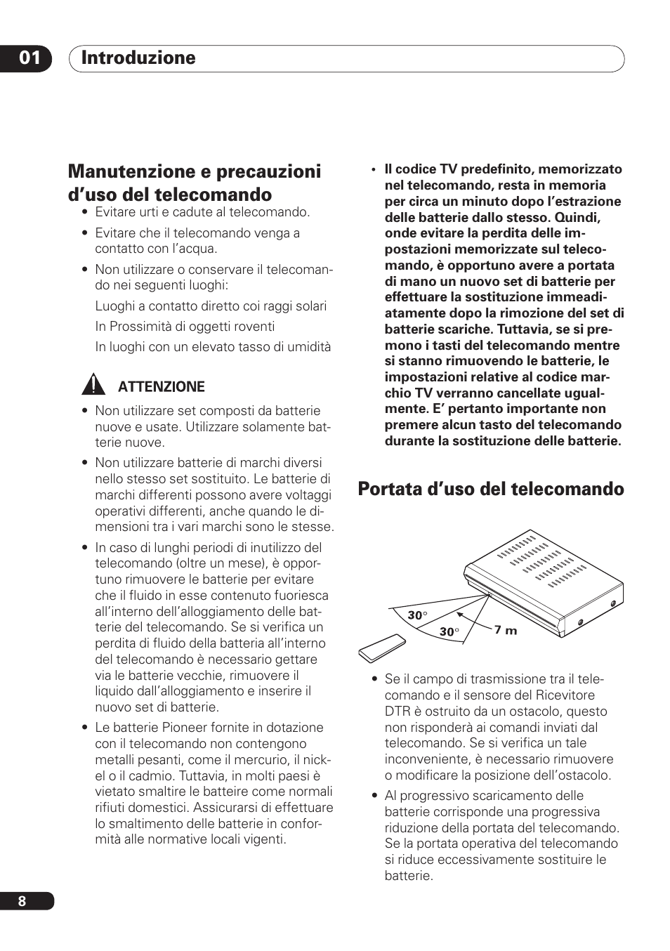 Introduzione 01, Manutenzione e precauzioni d’uso del telecomando, Portata d’uso del telecomando | Pioneer DBR-TF100 User Manual | Page 96 / 136