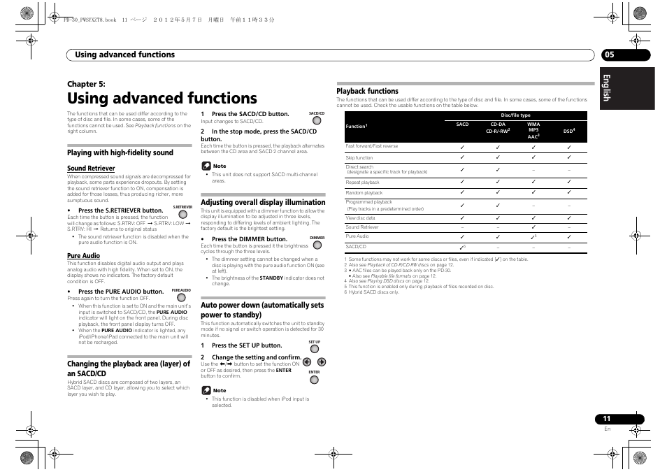 Using advanced functions, Playing with high-fidelity sound, Sound retriever | Pure audio, Changing the playback area (layer) of an sacd/cd, Adjusting overall display illumination, Playback functions, Sound retriever pure audio, Changing the playback area (layer), Standby) playback functions | Pioneer PD-10-K User Manual | Page 11 / 100