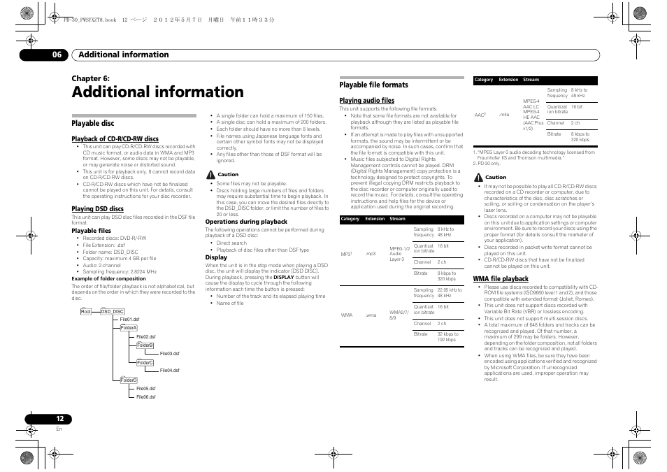 Additional information, Playable disc, Playback of cd-r/cd-rw discs | Playing dsd discs, Playable file formats, Playing audio files, Wma file playback, Playable disc playable file formats, Additional information 06, Chapter 6 | Pioneer PD-10-K User Manual | Page 12 / 100