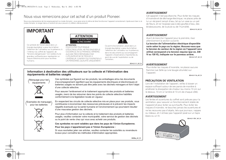 Important, Attention | Pioneer PD-10-K User Manual | Page 16 / 100