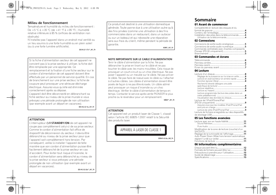 Sommaire, Appareil à laser de classe 1 | Pioneer PD-10-K User Manual | Page 17 / 100
