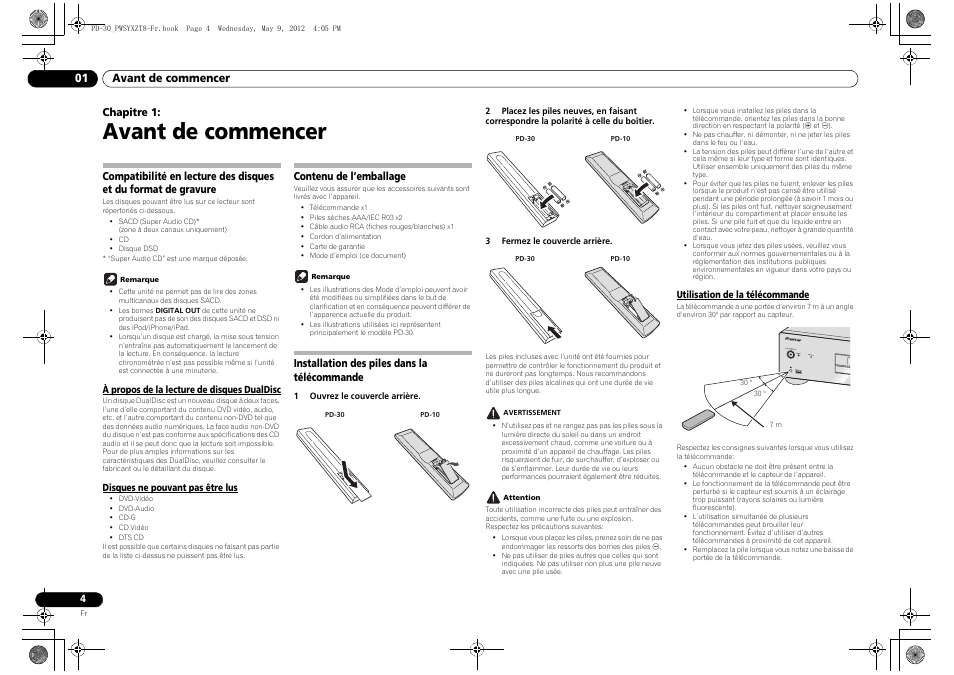 Compatibilité en lecture des disques et du, Format de gravure, Contenu de l’emballage | Installation des piles dans la télécommande, Utilisation de la télécommande, Avant de commencer, Avant de commencer 01, Chapitre 1 | Pioneer PD-10-K User Manual | Page 18 / 100