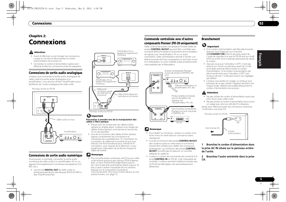 Connexions de sortie audio analogique, Connexions de sortie audio numérique, Commande centralisée avec d’autres composants | Pioneer (pd-30 uniquement), Branchement, Connexions, Connexions 02, Chapitre 2 | Pioneer PD-10-K User Manual | Page 19 / 100