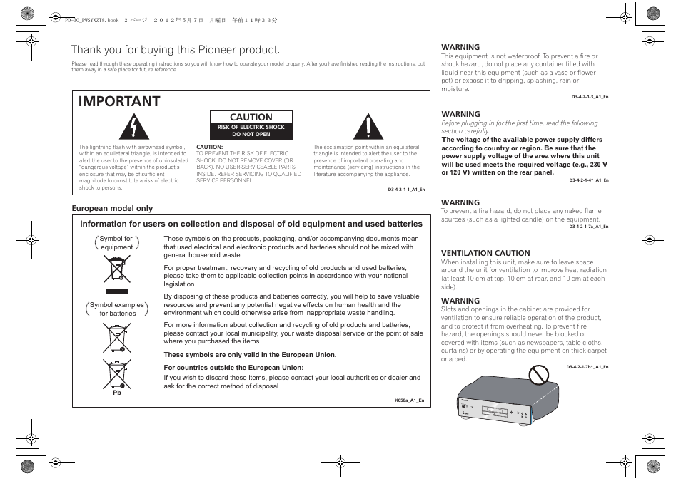 Important, Caution | Pioneer PD-10-K User Manual | Page 2 / 100