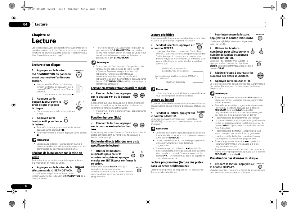 Lecture d’un disque, Réglage de la puissance sur la mise en veille, Lecture en avance/retour en arrière rapide | Fonction ignorer (skip), Recherche directe (désigne une piste, Spécifique de lecture), Lecture répétitive, Lecture au hasard, Lecture programmée (lecture des pistes dans un, Ordre prédéterminé) | Pioneer PD-10-K User Manual | Page 22 / 100
