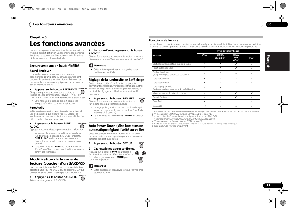 Lecture avec son en haute fidélité, Sound retriever pure audio, Modification de la zone de lecture (couche) d’un | Sacd/cd, Réglage de la luminosité de l’affichage, Auto power down (mise hors tension automatique, Réglant l’unité sur veille), Fonctions de lecture, Les fonctions avancées, Les fonctions avancées 05 | Pioneer PD-10-K User Manual | Page 25 / 100