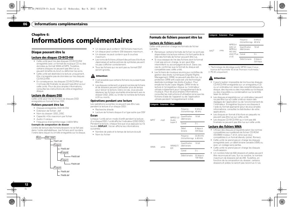 Disque pouvant être lu, Formats de fichiers pouvant être lus, Lecture des disques cd-r/cd-rw | Lecture de disques dsd, Informations complémentaires, Informations complémentaires 06, Chapitre 6 | Pioneer PD-10-K User Manual | Page 26 / 100