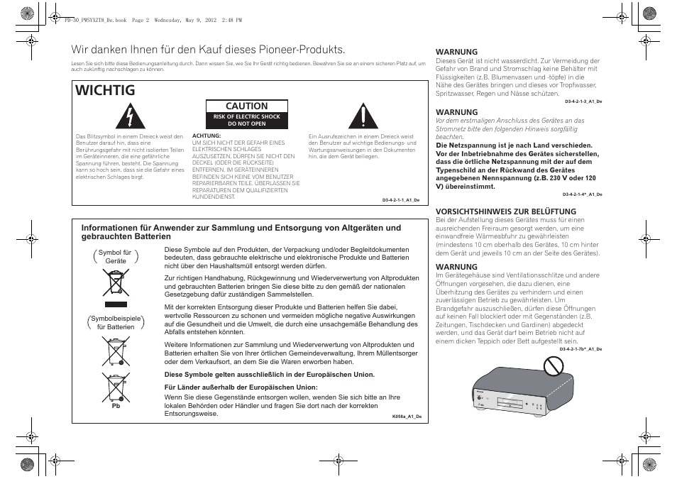 Wichtig, Caution | Pioneer PD-10-K User Manual | Page 30 / 100