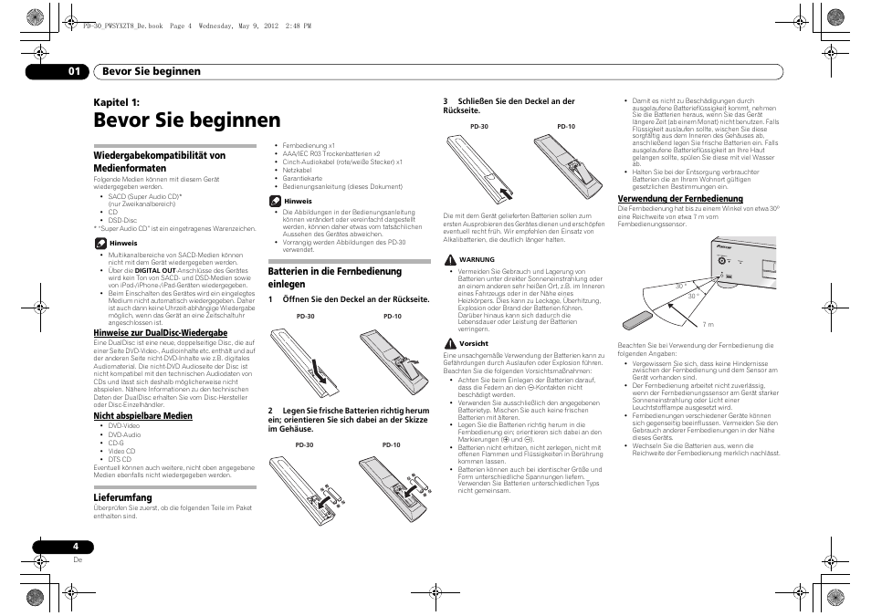 Wiedergabekompatibilität von, Medienformaten, Lieferumfang | Batterien in die fernbedienung einlegen, Verwendung der fernbedienung, Bevor sie beginnen, Bevor sie beginnen 01, Kapitel 1, Wiedergabekompatibilität von medienformaten | Pioneer PD-10-K User Manual | Page 32 / 100