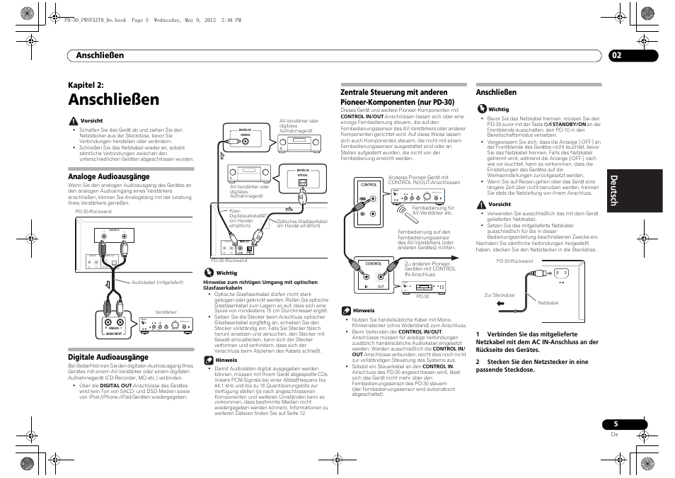 Analoge audioausgänge, Digitale audioausgänge, Zentrale steuerung mit anderen | Pioneer-komponenten (nur pd-30), Anschließen, Anschließen 02, Kapitel 2 | Pioneer PD-10-K User Manual | Page 33 / 100