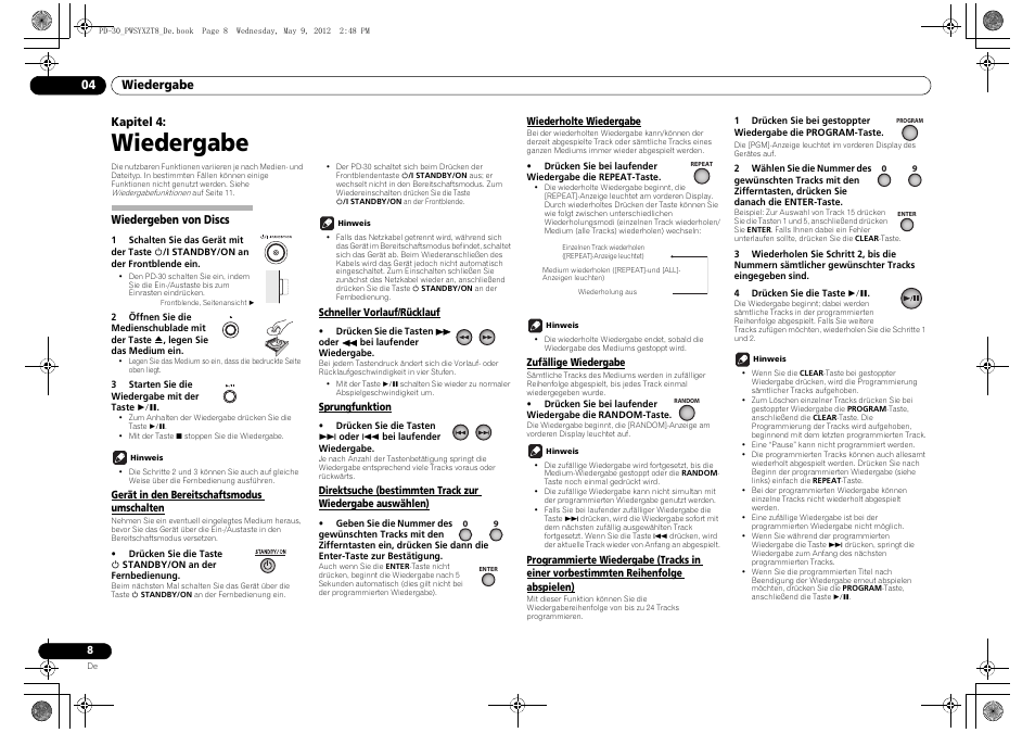 Wiedergeben von discs, Vorbestimmten reihenfolge abspielen), Wiedergabeliste (seite 8) | Be (seite 8), Seite 8), Iedergabe (seite 8), Abe (seite 8), Wiedergabe | Pioneer PD-10-K User Manual | Page 36 / 100