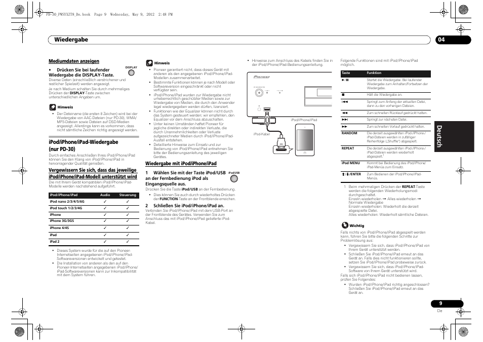 Mediumdaten anzeigen, Ipod/iphone/ipad-wiedergabe (nur pd-30), Vergewissern sie sich, dass das jeweilige ipod | Seite 9,10) um, Seite 9), Wiedergabe 04 | Pioneer PD-10-K User Manual | Page 37 / 100