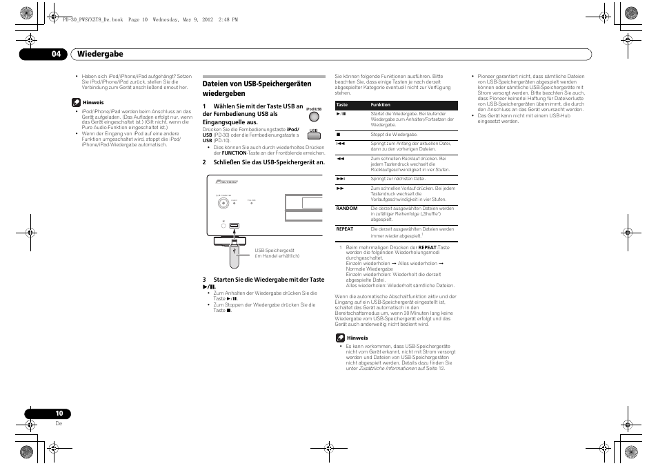 Dateien von usb-speichergeräten, Wiedergeben, Seite 10) | Wiedergabe 04, Dateien von usb-speichergeräten wiedergeben | Pioneer PD-10-K User Manual | Page 38 / 100
