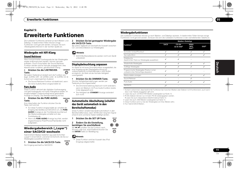 Wiedergabe mit hifi-klang, Sound retriever pure audio, Wiedergabebereich („layer“) einer sacd/cd | Wechseln, Displaybeleuchtung anpassen, Automatische abschaltung (schaltet das gerät, Automatisch in den bereitschaftsmodus), Wiedergabefunktionen, Seite 11), Reue (seite 11) | Pioneer PD-10-K User Manual | Page 39 / 100