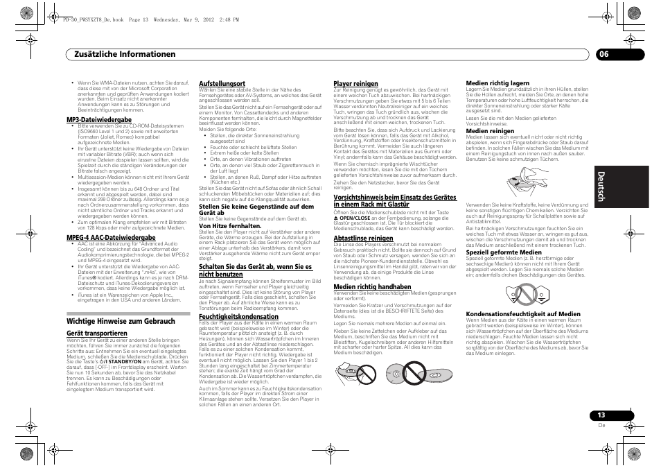 Wichtige hinweise zum gebrauch | Pioneer PD-10-K User Manual | Page 41 / 100