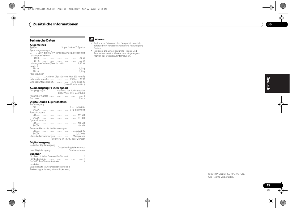 Technische daten | Pioneer PD-10-K User Manual | Page 43 / 100