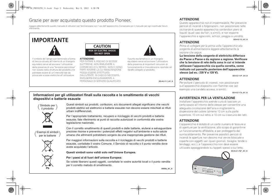 Importante, Grazie per aver acquistato questo prodotto pioneer, Caution | Pioneer PD-10-K User Manual | Page 44 / 100