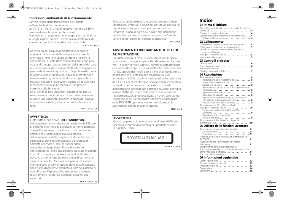 Istruzioni per i’uso | handleiding | man, Udio, Indice | Prodotto laser di classe 1 | Pioneer PD-10-K User Manual | Page 45 / 100