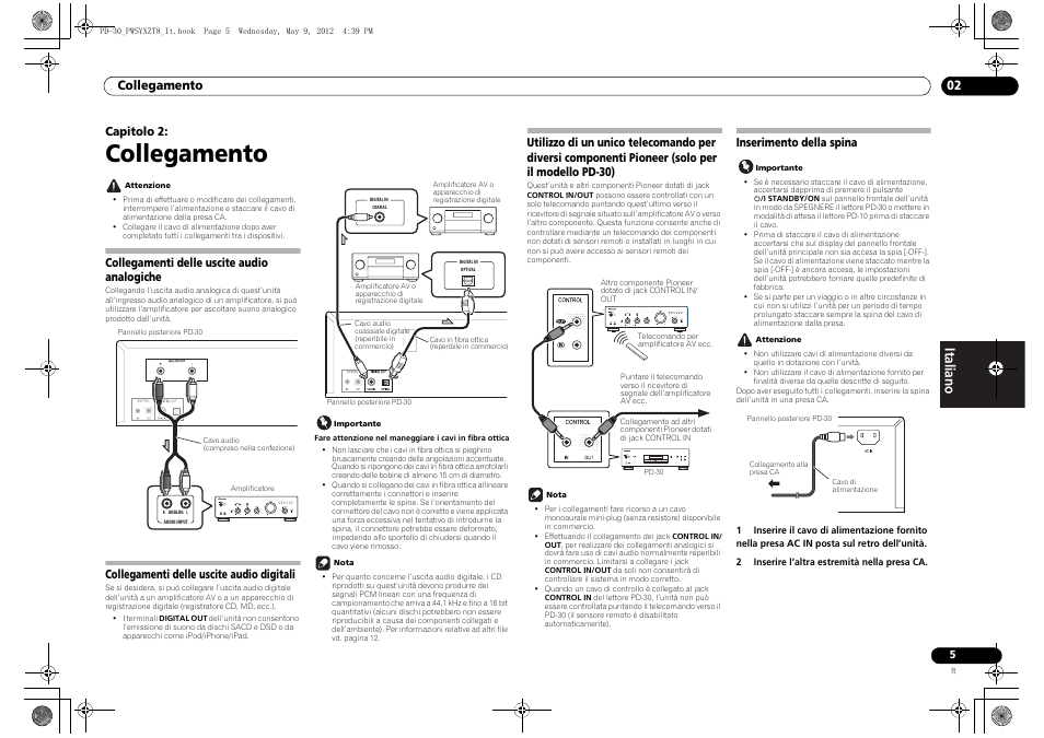 Collegamenti delle uscite audio analogiche, Collegamenti delle uscite audio digitali, Utilizzo di un unico telecomando per diversi | Componenti pioneer, Solo per il modello pd-30), Inserimento della spina, Collegamento, Collegamento 02, Capitolo 2 | Pioneer PD-10-K User Manual | Page 47 / 100