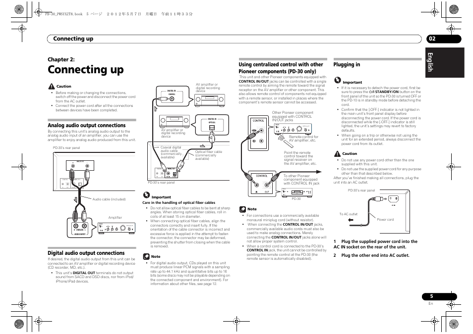 Connecting up, Analog audio output connections, Digital audio output connections | Plugging in, Components (pd-30 only) plugging in, Connecting up 02, Chapter 2 | Pioneer PD-10-K User Manual | Page 5 / 100