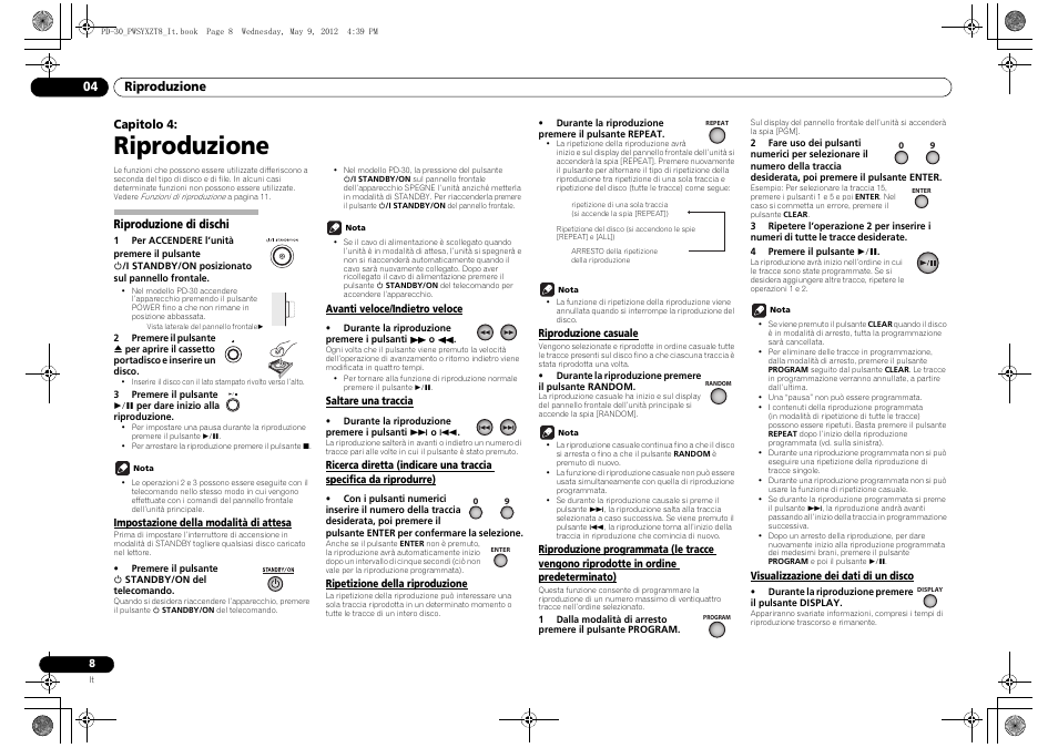 Riproduzione di dischi, Impostazione della modalità di attesa, Avanti veloce/indietro veloce | Saltare una traccia, Ricerca diretta (indicare una traccia specifica da, Riprodurre), Ripetizione della riproduzione, Riproduzione casuale, Riproduzione programmata (le tracce vengono, Riprodotte in ordine predeterminato) | Pioneer PD-10-K User Manual | Page 50 / 100