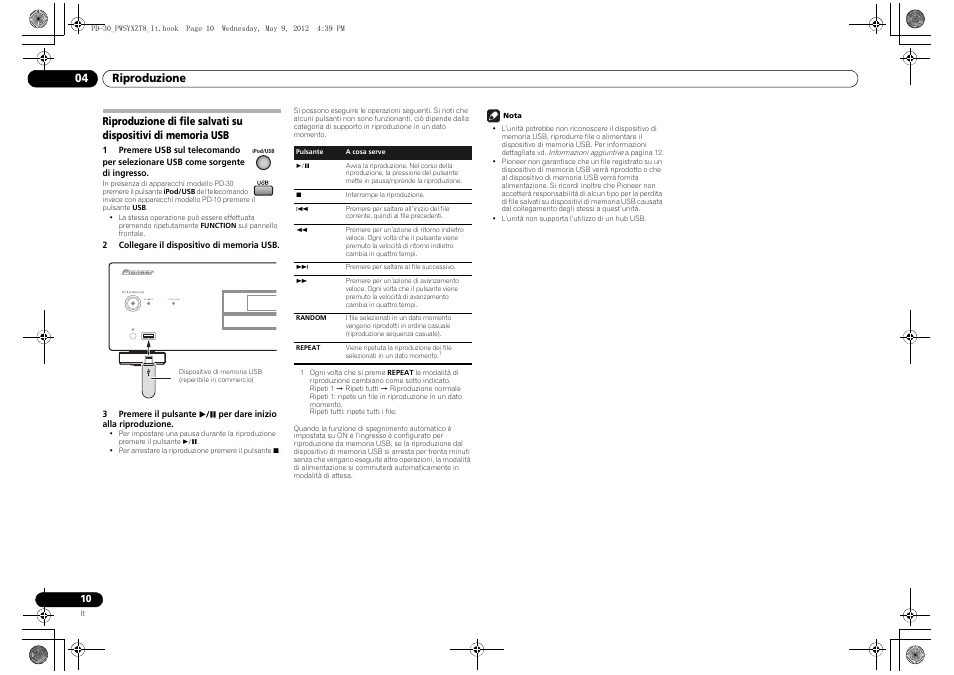 Riproduzione di file salvati su dispositivi, Di memoria usb, Riproduzione 04 | Pioneer PD-10-K User Manual | Page 52 / 100