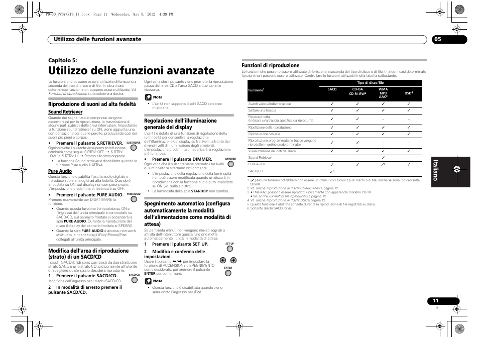 Riproduzione di suoni ad alta fedeltà, Sound retriever, Pure audio | Modifica dell’area di riproduzione (strato) di un, Sacd/cd, Regolazione dell’illuminazione generale, Del display, Spegnimento automatico (configura, Automaticamente la modalità dell’alimentazione, Come modalità di attesa) | Pioneer PD-10-K User Manual | Page 53 / 100