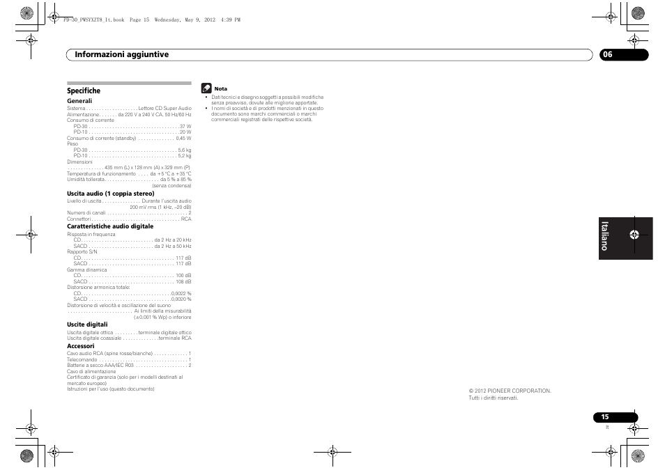 Specifiche | Pioneer PD-10-K User Manual | Page 57 / 100
