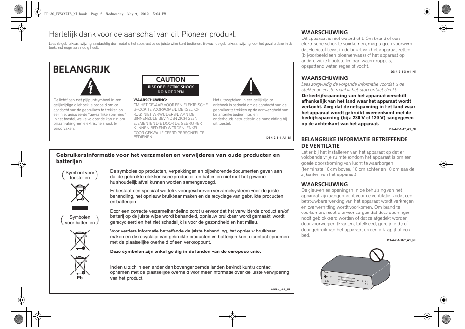 Belangrijk, Caution | Pioneer PD-10-K User Manual | Page 58 / 100