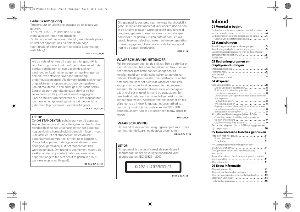 Super-audio cd-speler | reproductor de super a, Inhoud, Klasse 1 laserproduct | Pioneer PD-10-K User Manual | Page 59 / 100