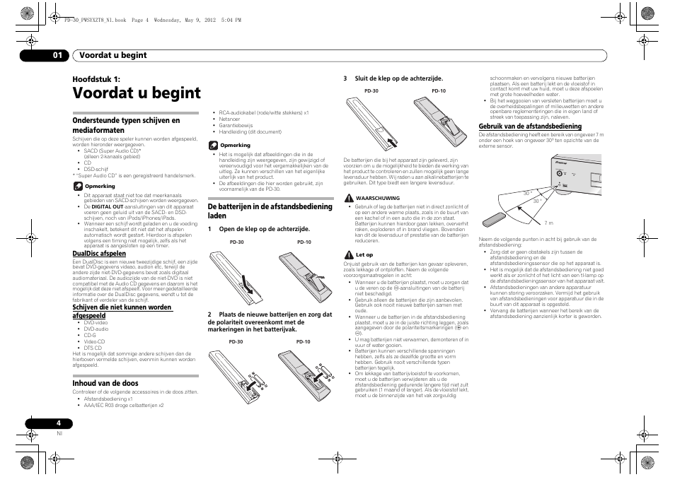 Ondersteunde typen schijven en mediaformaten, Inhoud van de doos, De batterijen in de afstandsbediening laden | Gebruik van de afstandsbediening, Voordat u begint, Voordat u begint 01, Hoofdstuk 1 | Pioneer PD-10-K User Manual | Page 60 / 100