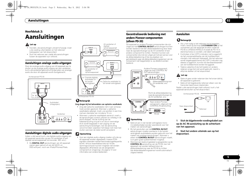 Aansluitingen analoge audio-uitgangen, Aansluitingen digitale audio-uitgangen, Gecentraliseerde bediening met andere pioneer | Componenten (alleen pd-30), Aansluiten, Aansluitingen, Aansluitingen 02, Hoofdstuk 2 | Pioneer PD-10-K User Manual | Page 61 / 100