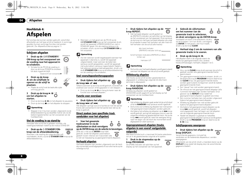 Schijven afspelen, Stel de voeding in op stand-by, Snel vooruitspoelen/terugspoelen | Functie voor overslaan, Direct zoeken (een specifieke track aanduiden voor, Het afspelen), Herhaald afspelen, Willekeurig afspelen, Geprogrammeerd afspelen (tracks afspelen in een, Vooraf vastgestelde volgorde) | Pioneer PD-10-K User Manual | Page 64 / 100