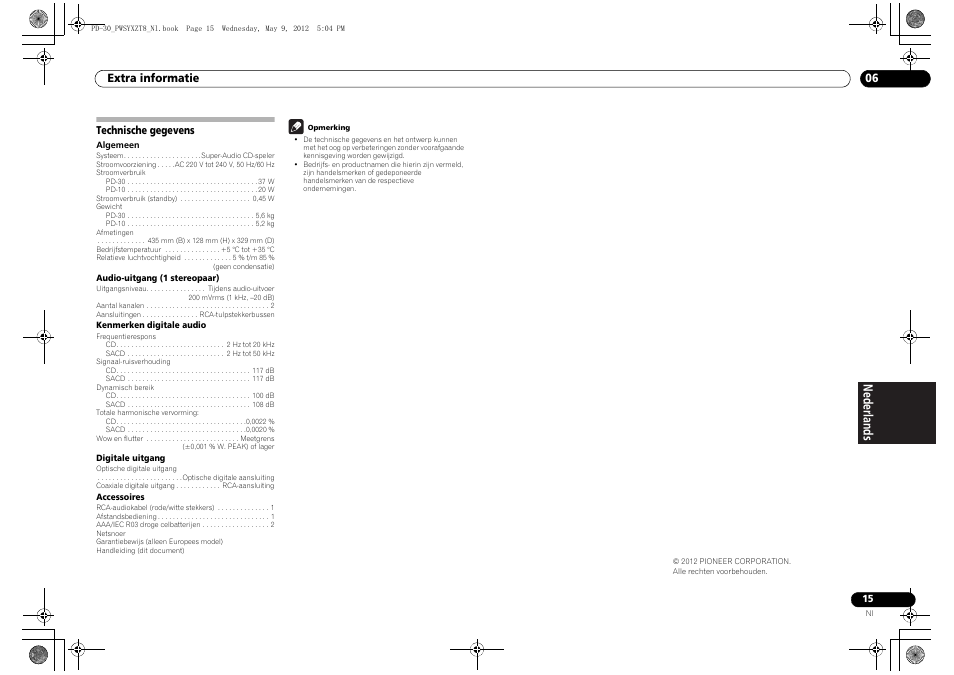 Technische gegevens | Pioneer PD-10-K User Manual | Page 71 / 100