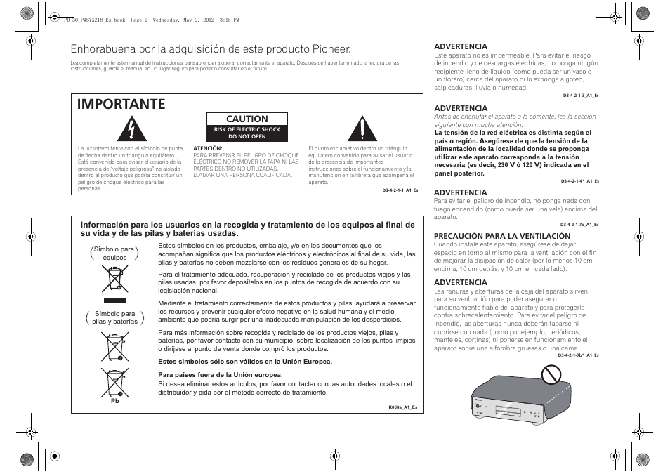 Importante, Caution | Pioneer PD-10-K User Manual | Page 72 / 100