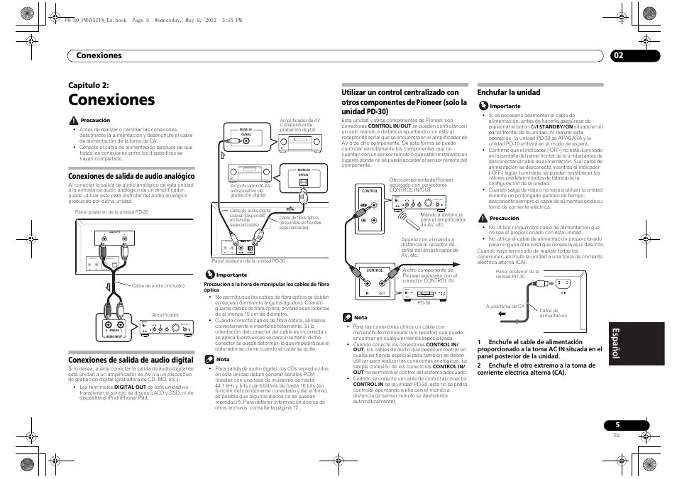 Conexiones de salida de audio analógico, Conexiones de salida de audio digital, Utilizar un control centralizado con otros | Componentes de pioneer, Solo la unidad pd-30), Enchufar la unidad, Conexiones, Conexiones 02, Capítulo 2 | Pioneer PD-10-K User Manual | Page 75 / 100