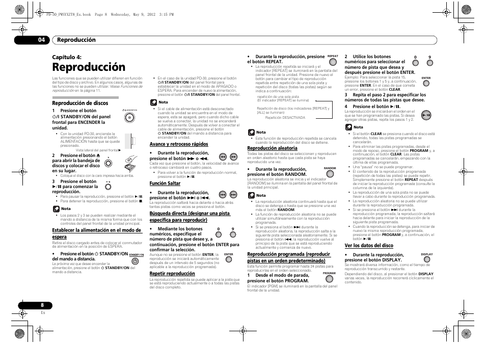 Reproducción de discos, Establecer la alimentación en el modo, Orden predeterminado) ver los datos del disco | Reproducción | Pioneer PD-10-K User Manual | Page 78 / 100