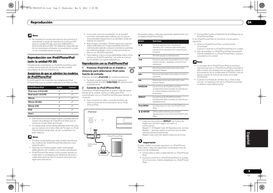 Reproducción con ipod/iphone/ipad, Solo la unidad pd-30), Asegúrese de que se admiten los modelos de | Reproducción 04 | Pioneer PD-10-K User Manual | Page 79 / 100