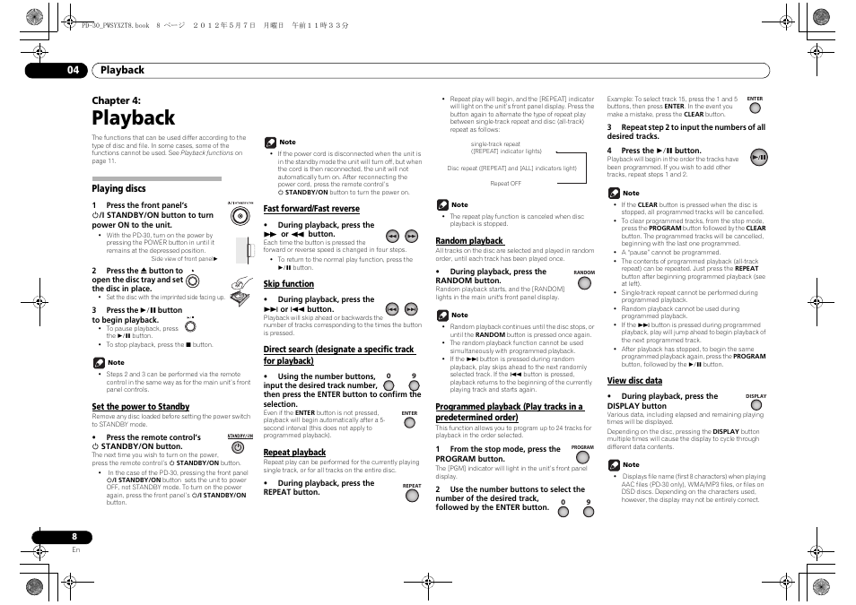 Playback, Playing discs, Set the power to standby | Fast forward/fast reverse, Skip function, Repeat playback, Random playback, View disc data, Predetermined order) view disc data | Pioneer PD-10-K User Manual | Page 8 / 100
