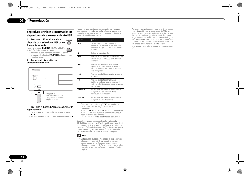Reproducir archivos almacenados en, Dispositivos de almacenamiento usb, Reproducción 04 | Pioneer PD-10-K User Manual | Page 80 / 100