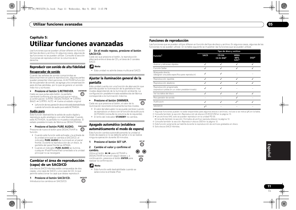 Reproducir con sonido de alta fidelidad, Recuperador de sonido audio puro, Cambiar el área de reproducción (capa) de un | Sacd/cd, Ajustar la iluminación general de la pantalla, Apagado automático (establece automáticamente, El modo de espera), Funciones de reproducción, Utilizar funciones avanzadas, Utilizar funciones avanzadas 05 | Pioneer PD-10-K User Manual | Page 81 / 100