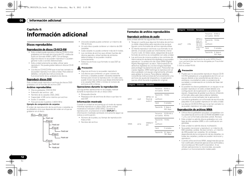 Discos reproducibles, Formatos de archivo reproducibles, Reproducción de discos cd-r/cd-rw | Reproducir discos dsd, Información adicional, Información adicional 06, Capítulo 6 | Pioneer PD-10-K User Manual | Page 82 / 100