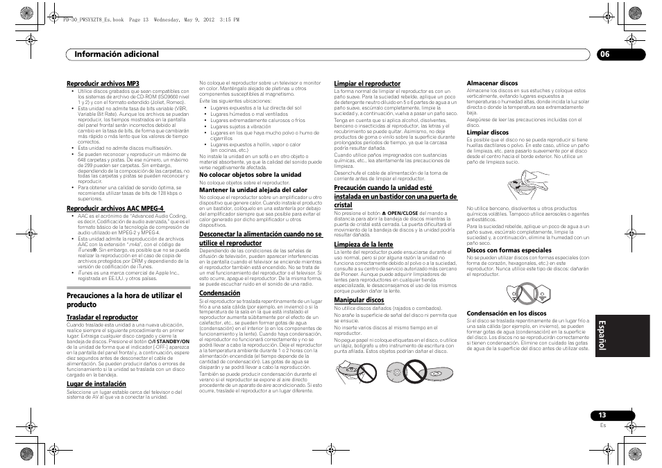 Precauciones a la hora de utilizar el producto | Pioneer PD-10-K User Manual | Page 83 / 100