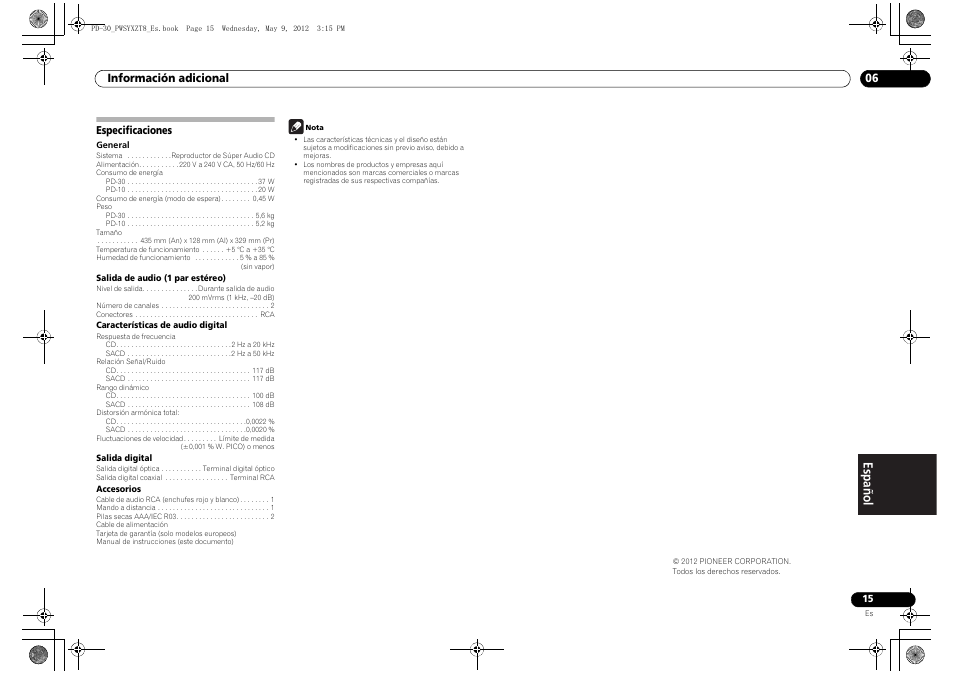 Especificaciones | Pioneer PD-10-K User Manual | Page 85 / 100