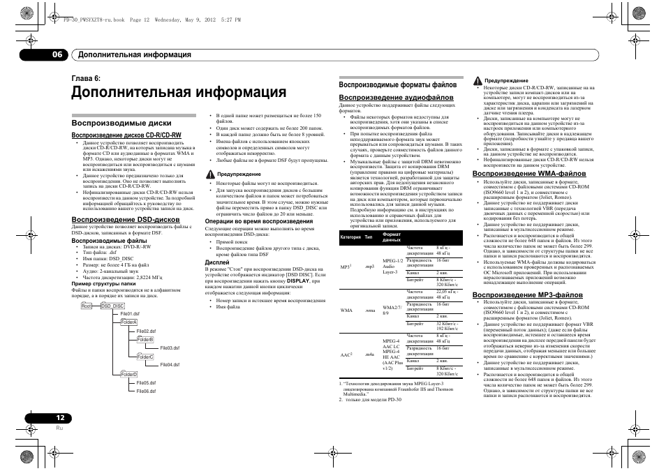 Воспроизводимые диски, Воспроизводимые форматы файлов, Дополнительная информация | 06 дополнительная информация, Глава 6 | Pioneer PD-10-K User Manual | Page 96 / 100
