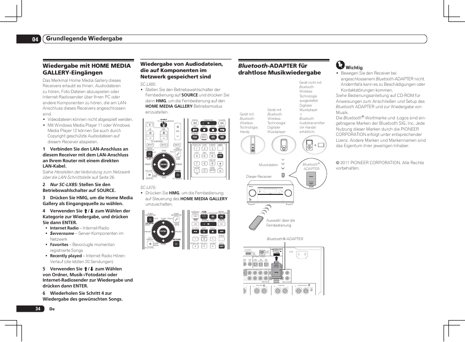 Single), 04 grundlegende wiedergabe, Bluetooth -adapter für drahtlose musikwiedergabe | Wiedergabe mit home media gallery-eingängen, Wichtig | Pioneer SC-LX75 User Manual | Page 100 / 104