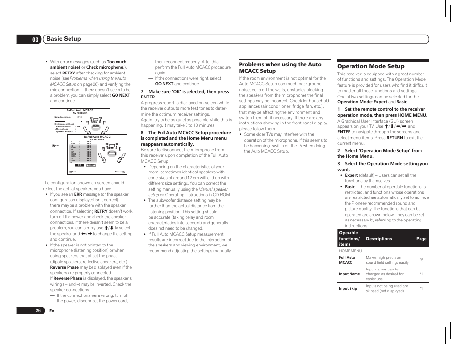 Operation mode setup, 03 basic setup, Problems when using the auto mcacc setup | Pioneer SC-LX75 User Manual | Page 26 / 104