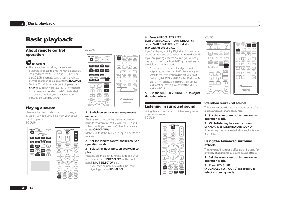 Basic playback, 04 basic playback, Listening in surround sound | About remote control operation, Playing a source, Standard surround sound, Using the advanced surround effects, Important, 1 switch on your system components and receiver, Sc-lx75 | Pioneer SC-LX75 User Manual | Page 28 / 104